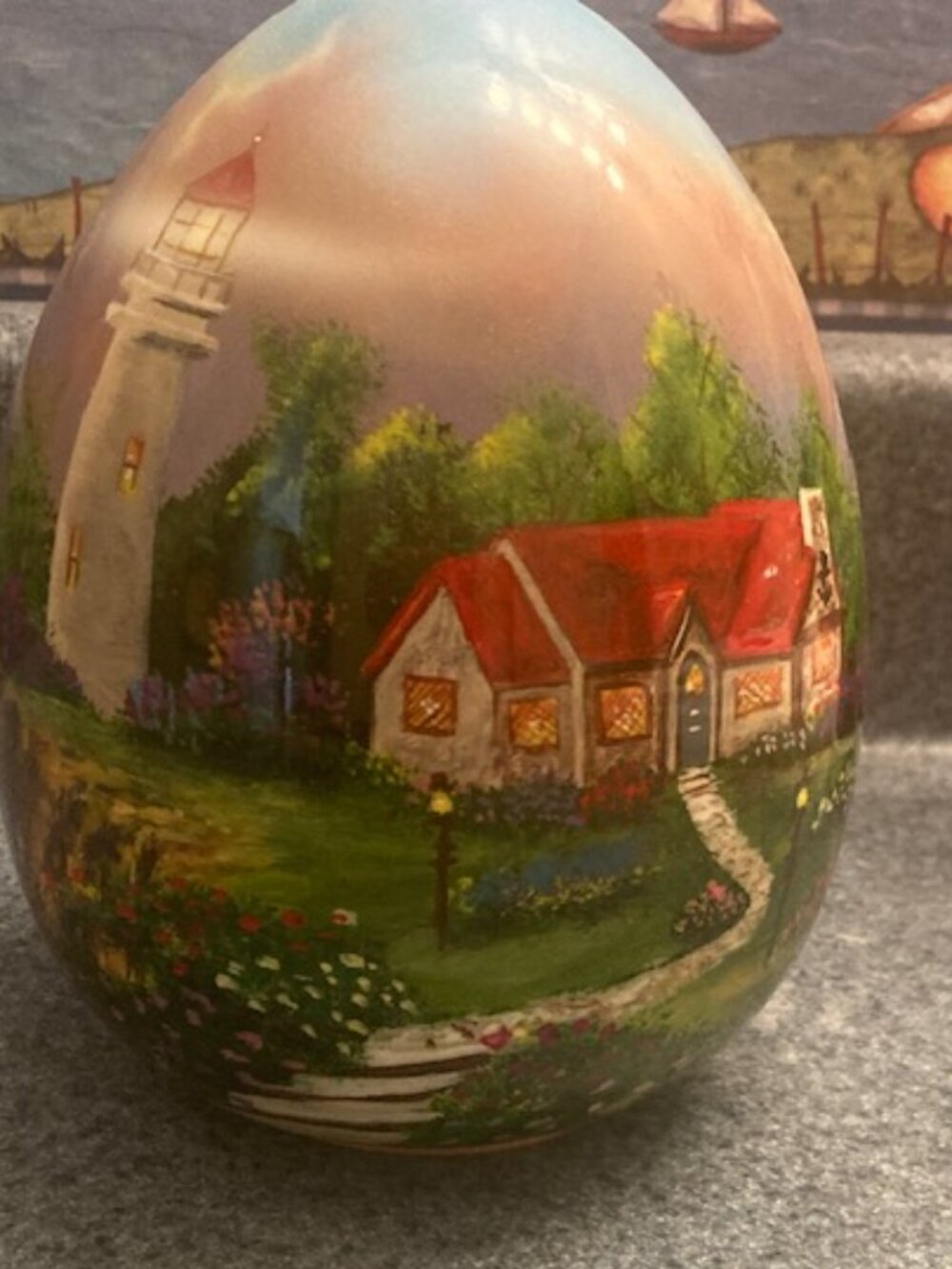 🎨 Hand-Painted Art Egg – Lighthouse & Cottage Scene ✨